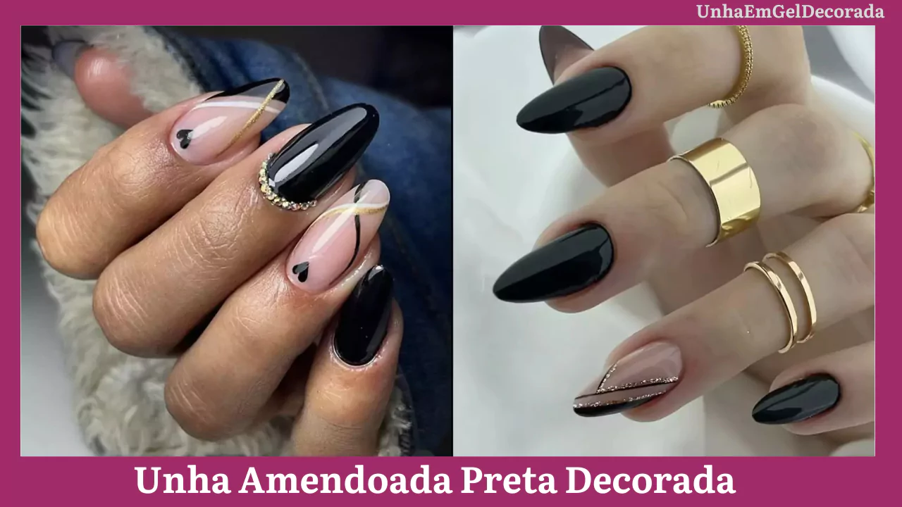 Unha Amendoada Preta Decorada