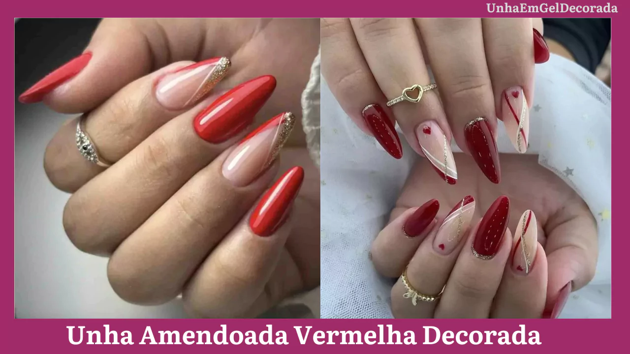 Unha Amendoada Vermelha Decorada